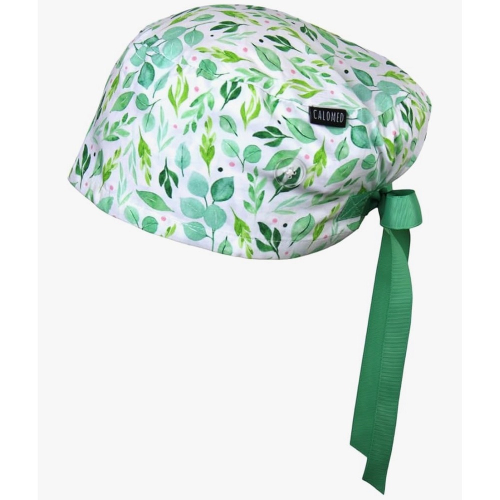 CALOMED Surgical Scrub Cap Hat Adjustable Tie Back Botanical Green Leaves